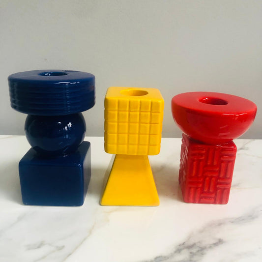 Ceramic Geometric Candle Holders - Set of Three (Blue, Red & Yellow) - ad&i
