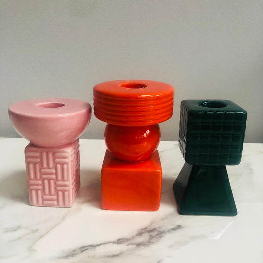 Ceramic Geometric Candle Holders - Set of Three (Orange, Pink & Green) - ad&i