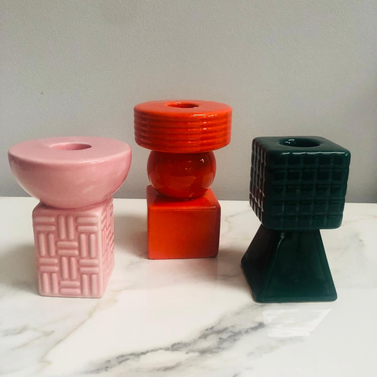 Ceramic Geometric Candle Holders - Set of Three (Orange, Pink & Green) - ad&i