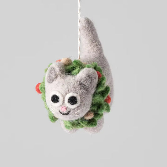 Ernest, Cat in Wreath Hanging Felt Ornament