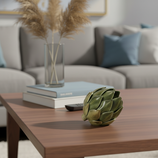 Decorative artichoke on a wooden coffee table with a living room background