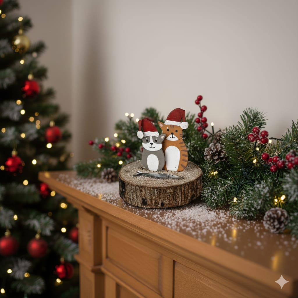 Christmas Cats and Fish Handcrafted Free Stnaidng Ornament