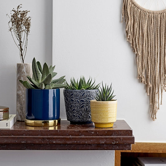 Blue Stoneware Planter With Gold Saucer - ad&i