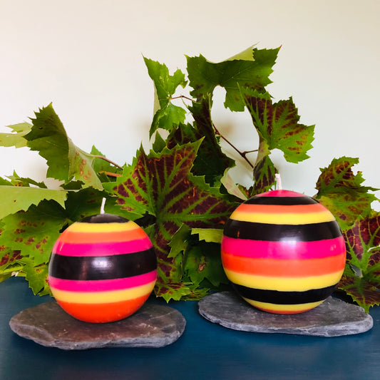 Orange Flame, Neyron Rose, Sulphur Yellow and Jet Black Small Stripe Ball Candle-ad&i