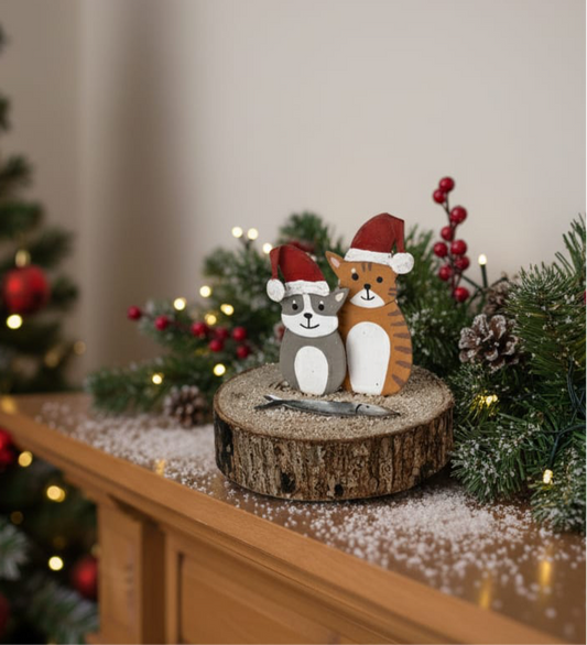 Christmas Cats and Fish Handcrafted Freestanding Metal Decoration 