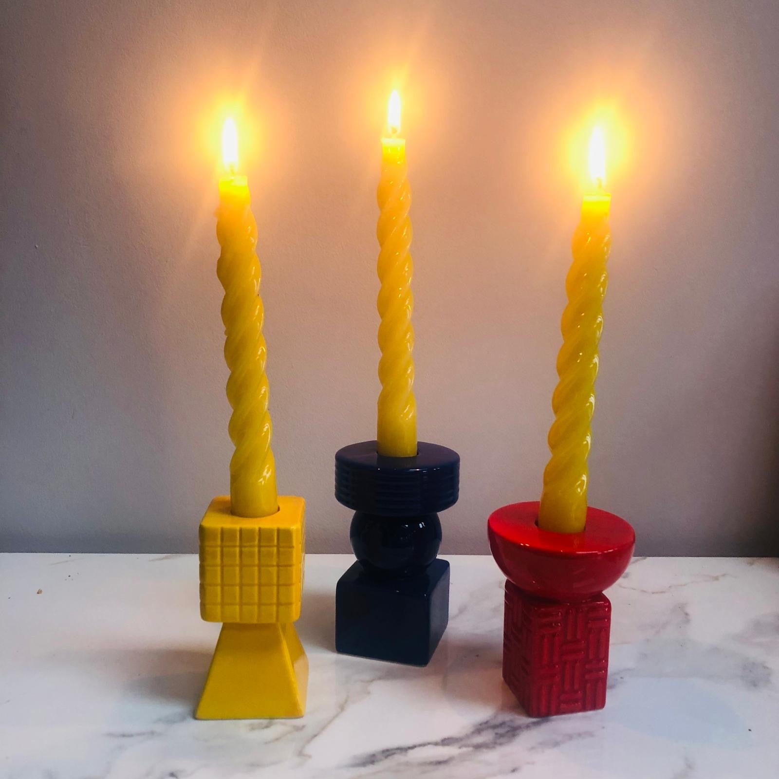 Ceramic Geometric Candle Holders - Set of Three (Blue, Red & Yellow) - ad&i