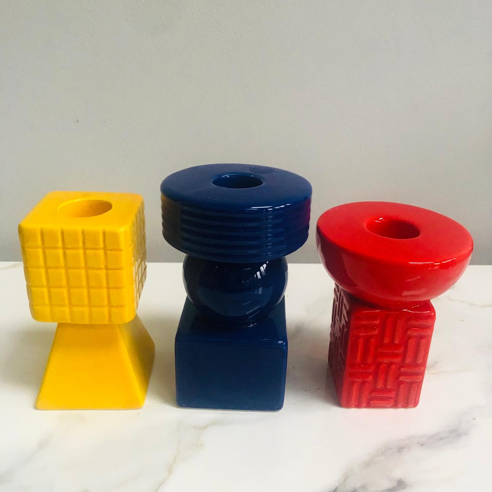Ceramic Geometric Candle Holders - Set of Three (Blue, Red & Yellow) - ad&i