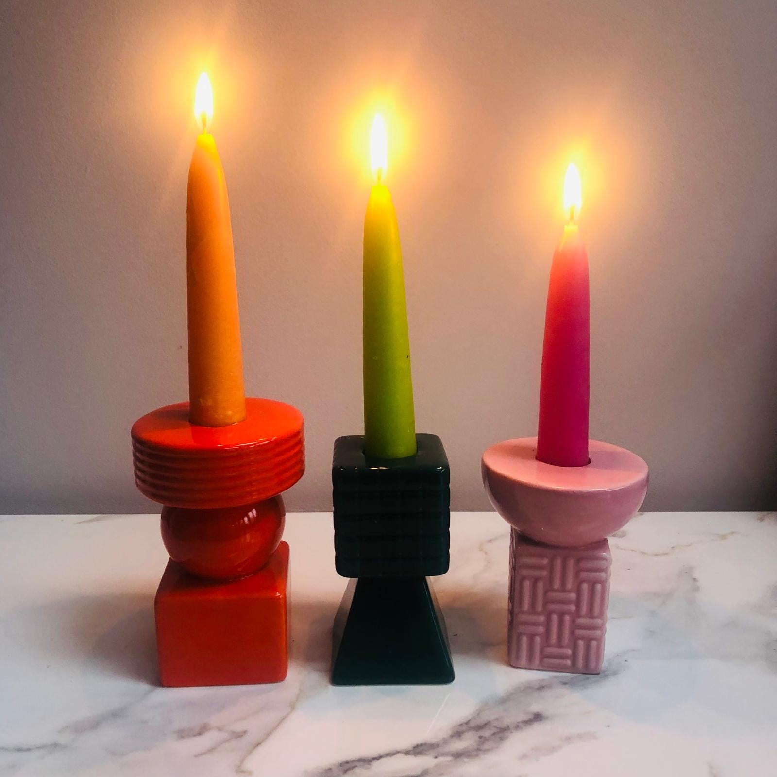 Ceramic Geometric Candle Holders - Set of Three (Orange, Pink & Green) - ad&i