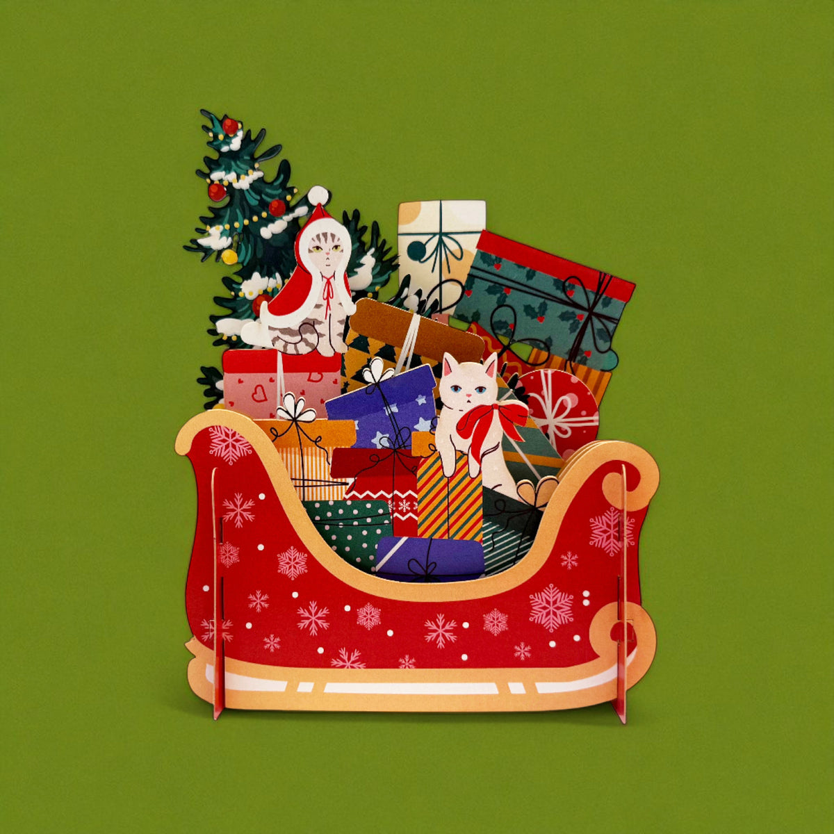 Christmas Cats and Presents on a Sleigh 3D Pop Up Card
