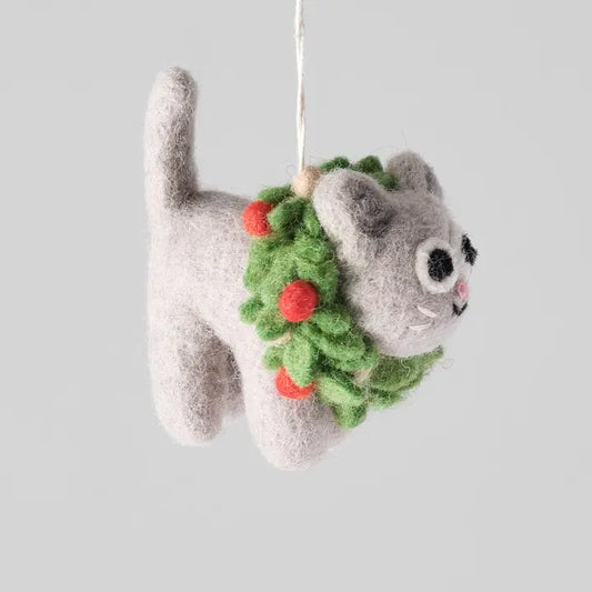 Ernest, Cat in Wreath Hanging Felt Ornament