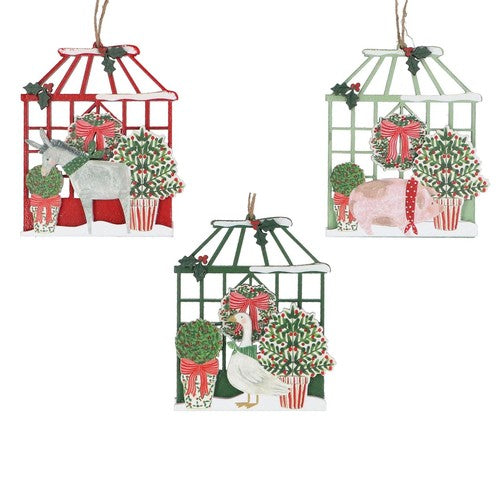 Farm Animals with Greenhouse Wooden Christmas Tree Decoration