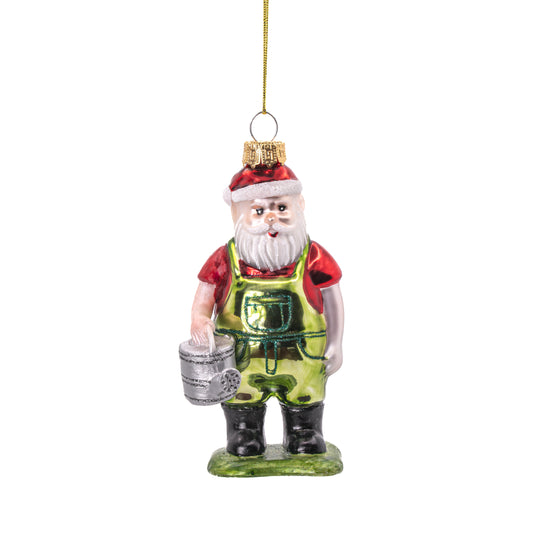 Father Christmas goes Gardening Glass Christmas Tree Bauble