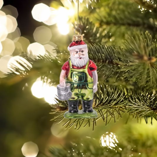 Father Christmas goes Gardening Glass Christmas Tree Bauble