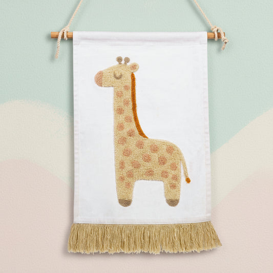 Decorative wall hanging with a giraffe design on a white background