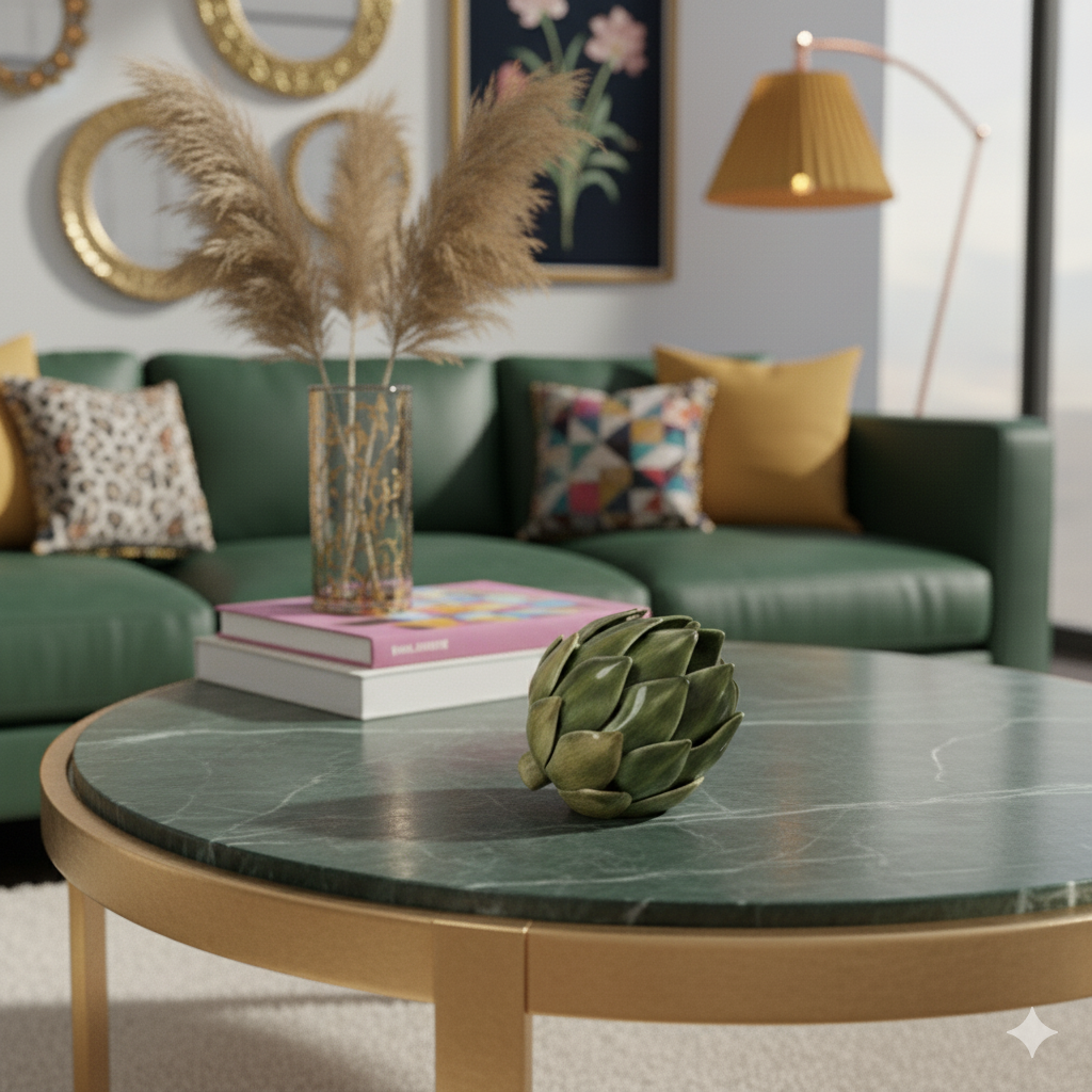 Living room with a green sofa, decorative pillows, and a coffee table with a vase and books.