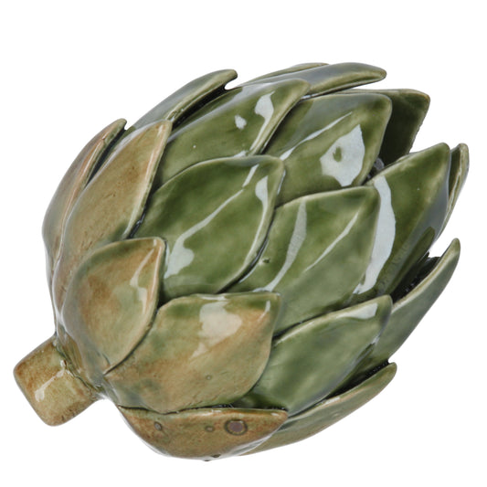 Ceramic artichoke-shaped ornament on a white background