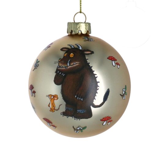 Decorative Christmas ball with a cartoon gruffalo and mouse design on a gold background