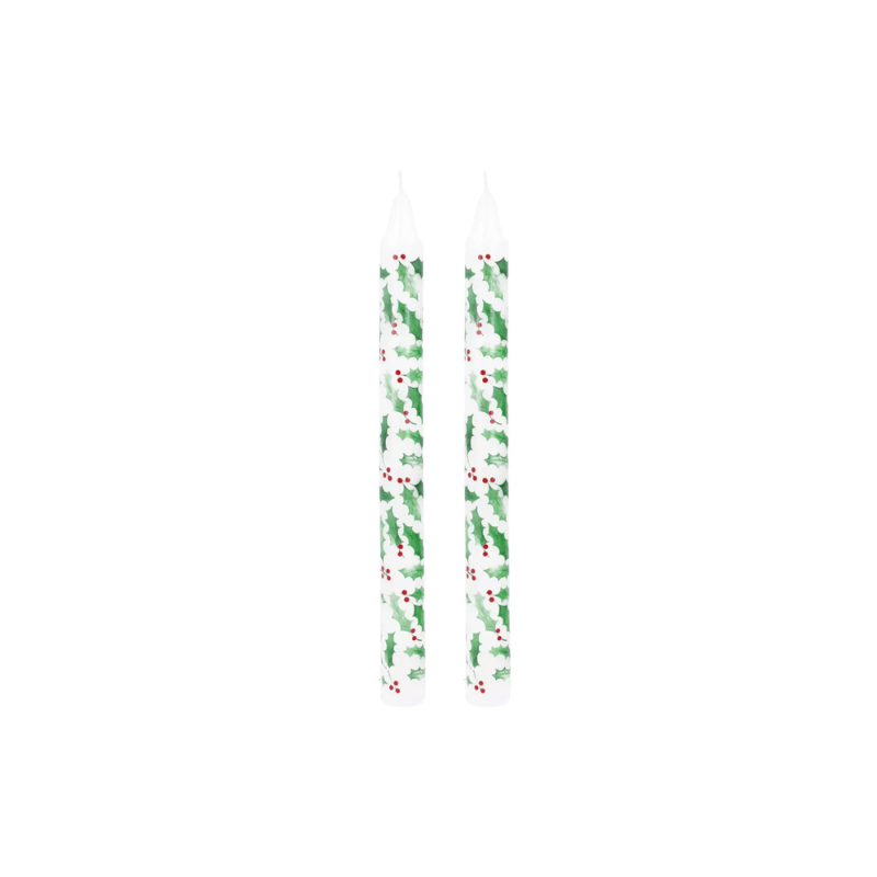 Holly and Red Berries Dinner Candles - Two Pack