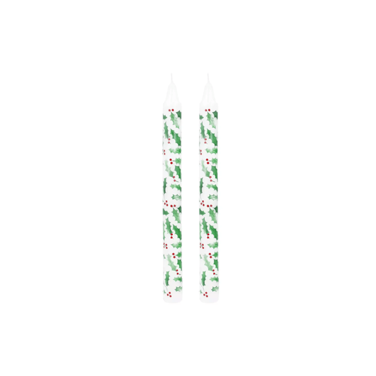 Holly and Red Berries Dinner Candles - Two Pack