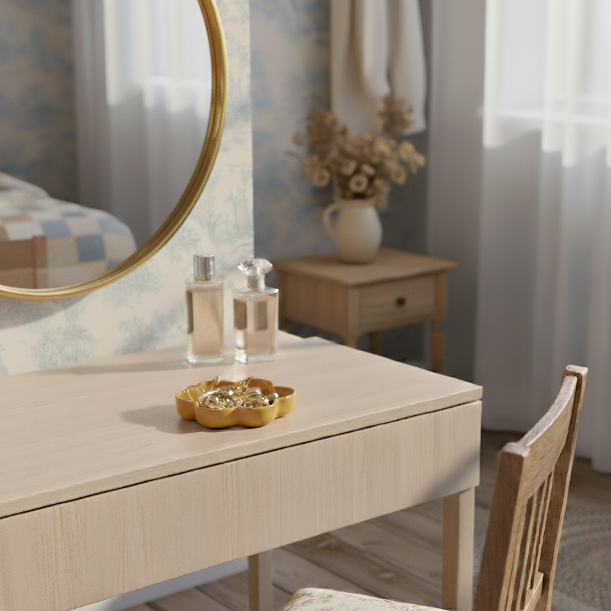 Dressing table with mirror, chair, and decorative items in a bedroom setting.