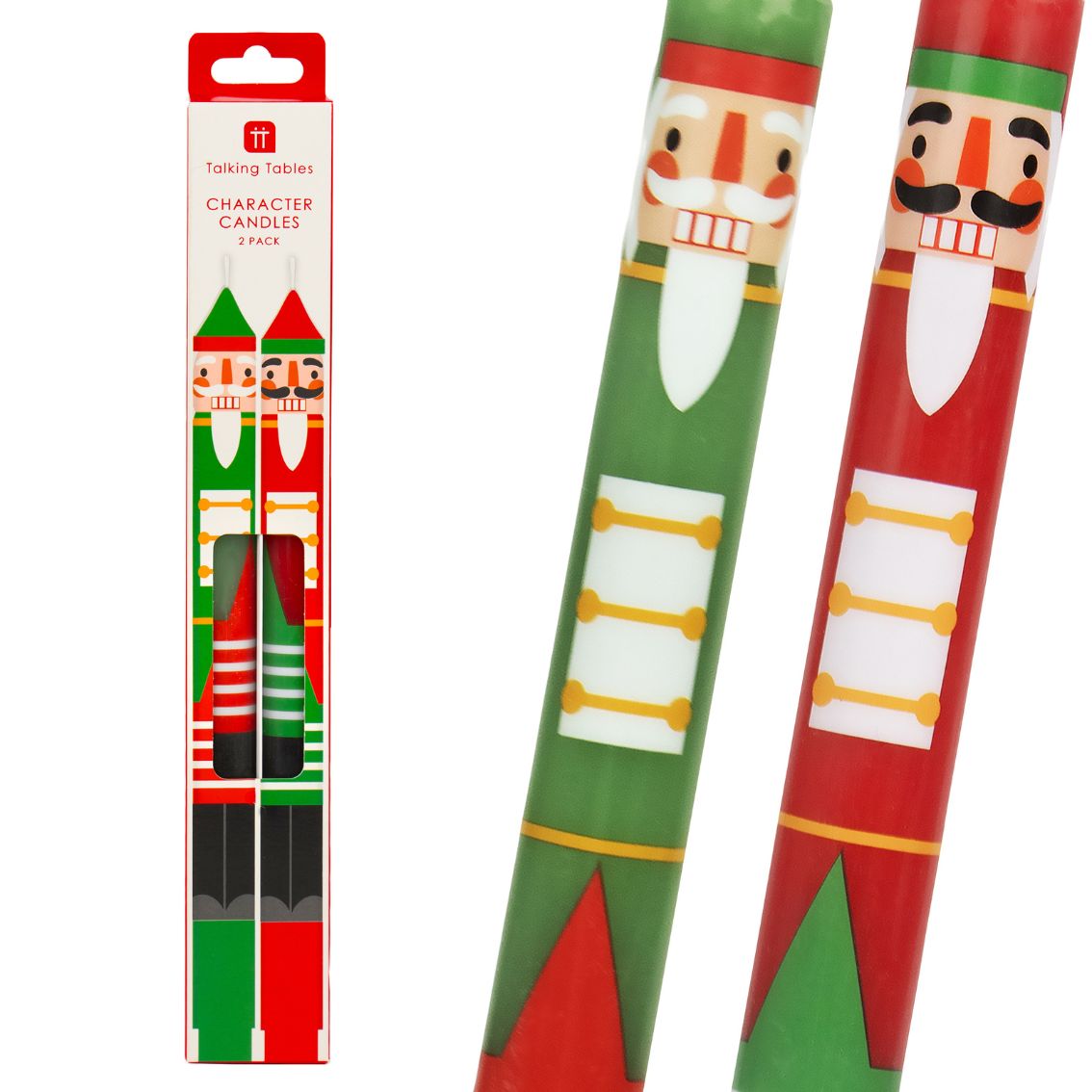 Two Christmas-themed candles with a packaging tube on a white background