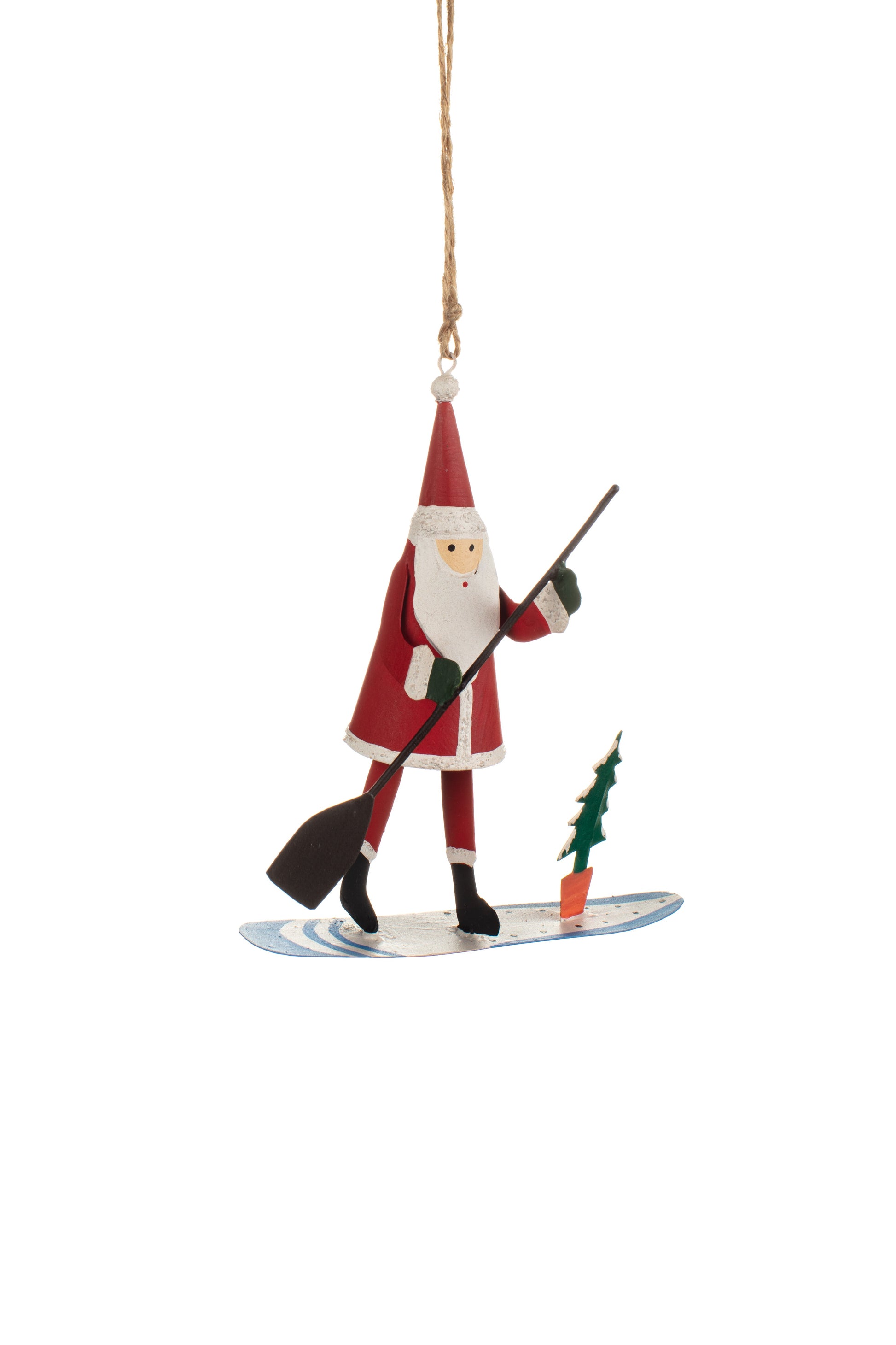 Decorative ornament of Santa Claus skiing with christmas tree, hanging from a string