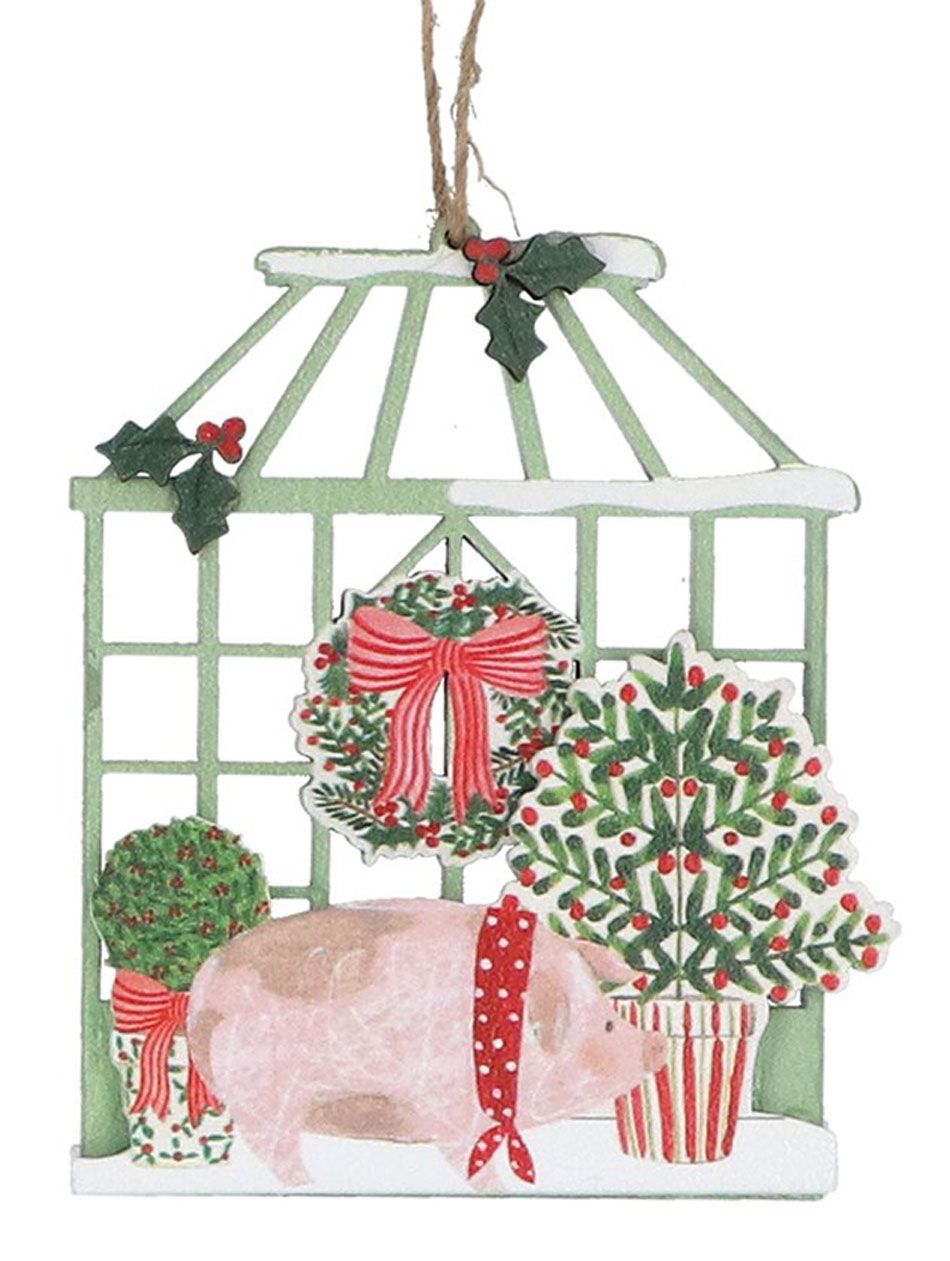 Farm Animals with Greenhouse Wooden Christmas Tree Decoration