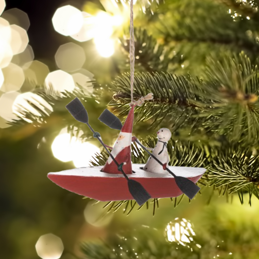Santa and Snowman in Kayak Christmas Tree Decoration