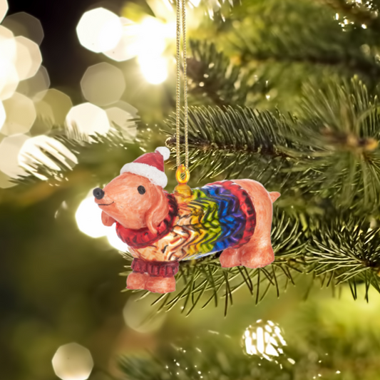 Sausage Dog in a Rainbow Jumper Christmas Tree Decoration - ad&i