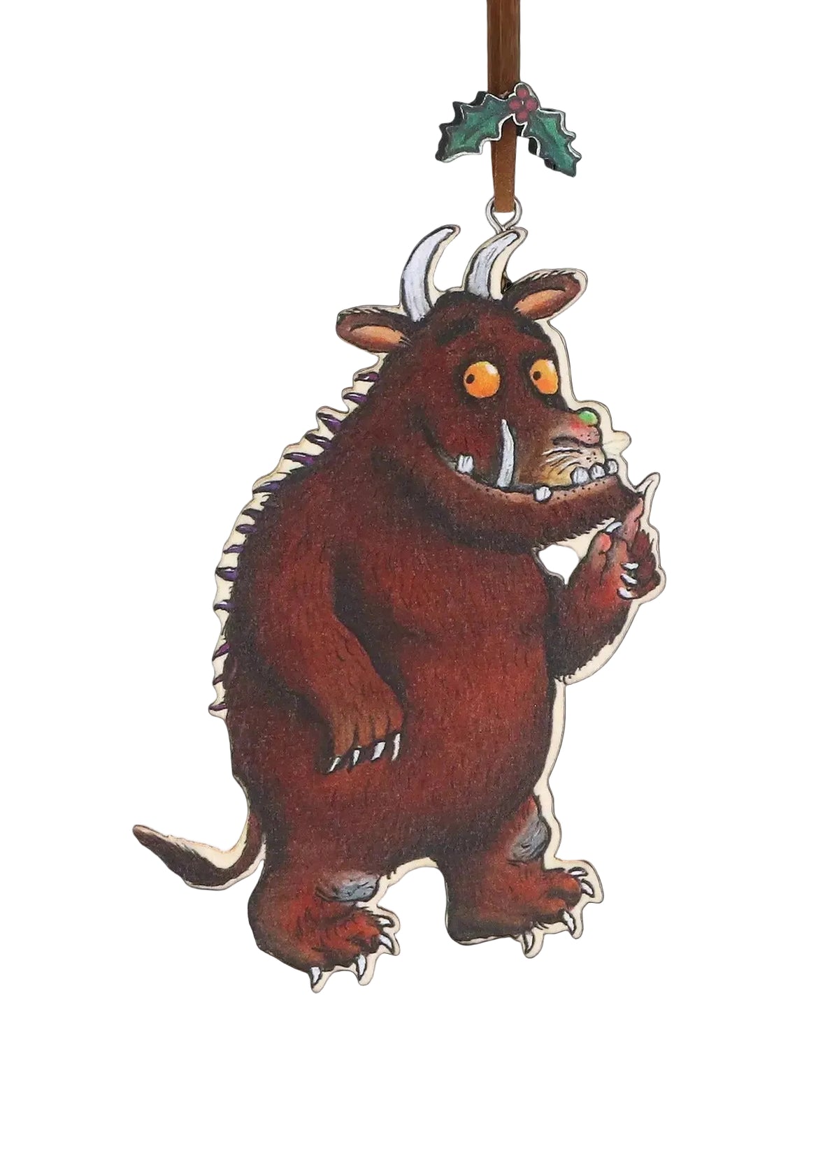 A Gruffalo Christmas ornament featuring the character from 'The Wind in the Willows' in a brown textured material with white horns, yellow eyes, and a hanging loop at the top, shown against a light gray background.