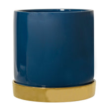 Load image into Gallery viewer, Blue Stoneware Planter With Gold Saucer - ad&amp;i