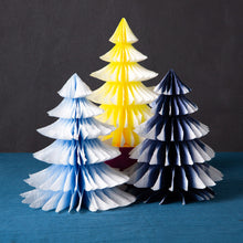 Load image into Gallery viewer, Blue and Yellow Ombre Paper Honeycomb Tree Decorations - 3 Pack - ad&amp;i