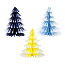 Load image into Gallery viewer, Blue and Yellow Ombre Paper Honeycomb Tree Decorations - 3 Pack - ad&amp;i