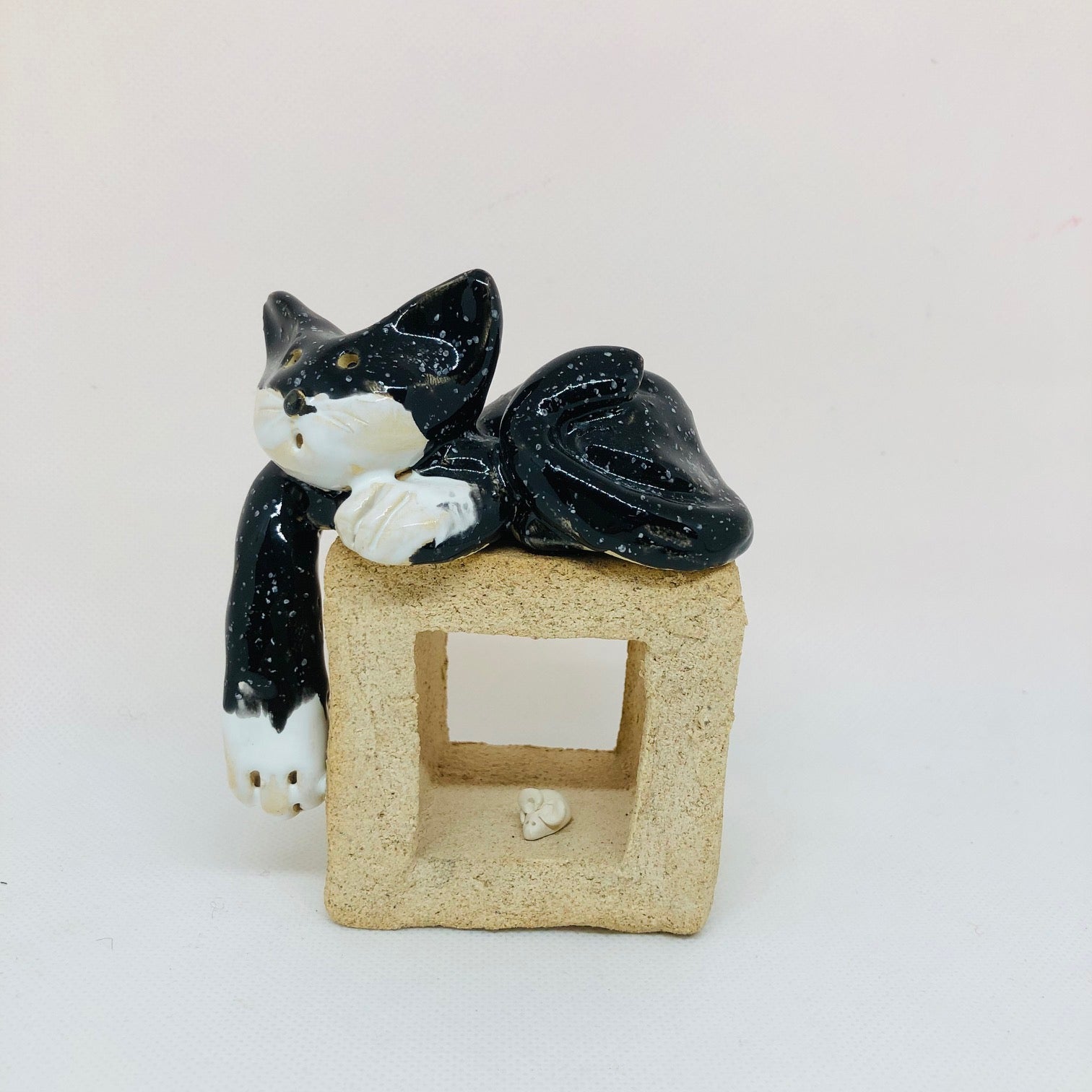 Ceramic Quirky Black Cat on a Cube with Little Mouse - ad&i