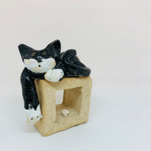 Load image into Gallery viewer, Ceramic Quirky Black Cat on a Cube with Little Mouse - ad&amp;i