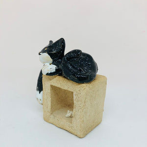 Ceramic Quirky Black Cat on a Cube with Little Mouse - ad&i