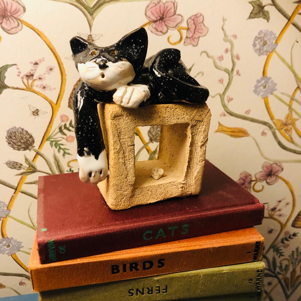 Ceramic Quirky Black Cat on a Cube with Little Mouse - ad&i