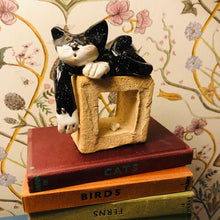 Load image into Gallery viewer, Ceramic Quirky Black Cat on a Cube with Little Mouse - ad&amp;i