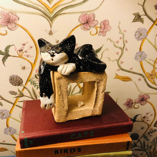 Ceramic Quirky Black Cat on a Cube with Little Mouse - ad&i