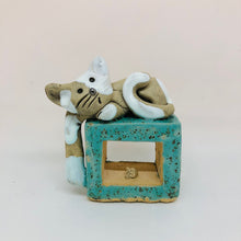 Load image into Gallery viewer, Ceramic Quirky Grey and White Cat on a Cube with Little Mouse - ad&amp;i