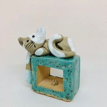 Load image into Gallery viewer, Ceramic Quirky Grey and White Cat on a Cube with Little Mouse - ad&amp;i