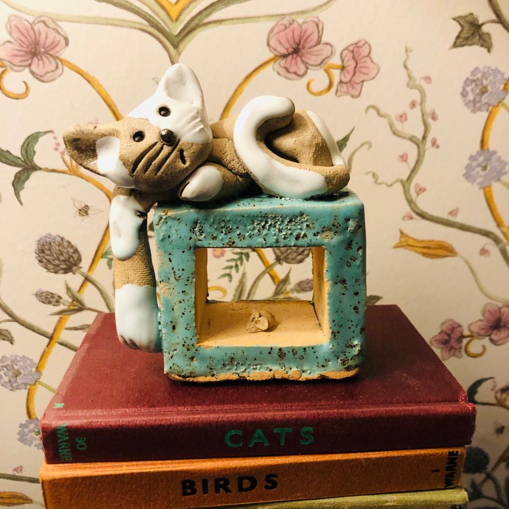 Ceramic Quirky Grey and White Cat on a Cube with Little Mouse - ad&i