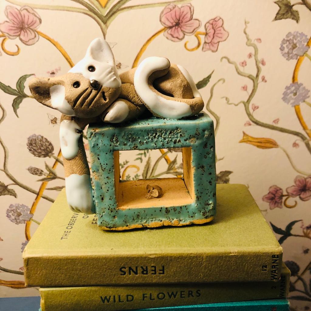 Ceramic Quirky Grey and White Cat on a Cube with Little Mouse - ad&i
