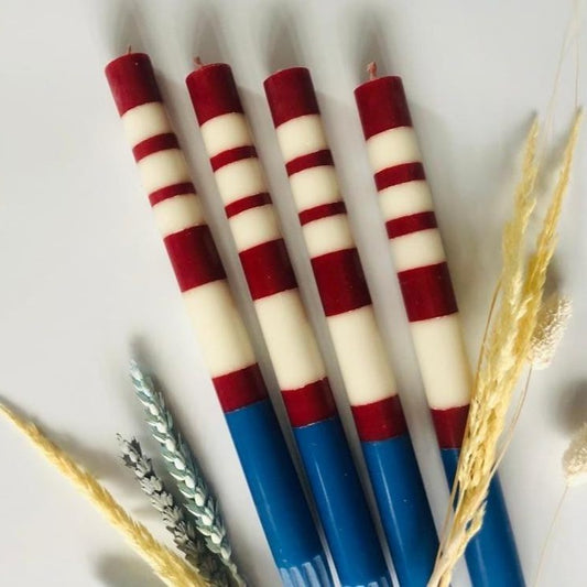 Guardsman Red, Royal Blue & Pearl White Striped Candlesticks Set of Four-ad&i