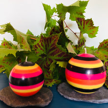Load image into Gallery viewer, Orange Flame, Neyron Rose, Sulphur Yellow and Jet Black Small Stripe Ball Candle-ad&amp;i