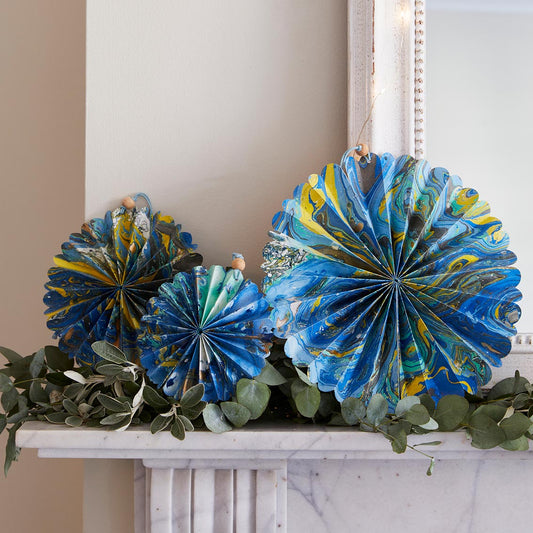 Marble Blue Paper Fan Decorations - 3 Pack - ad&i