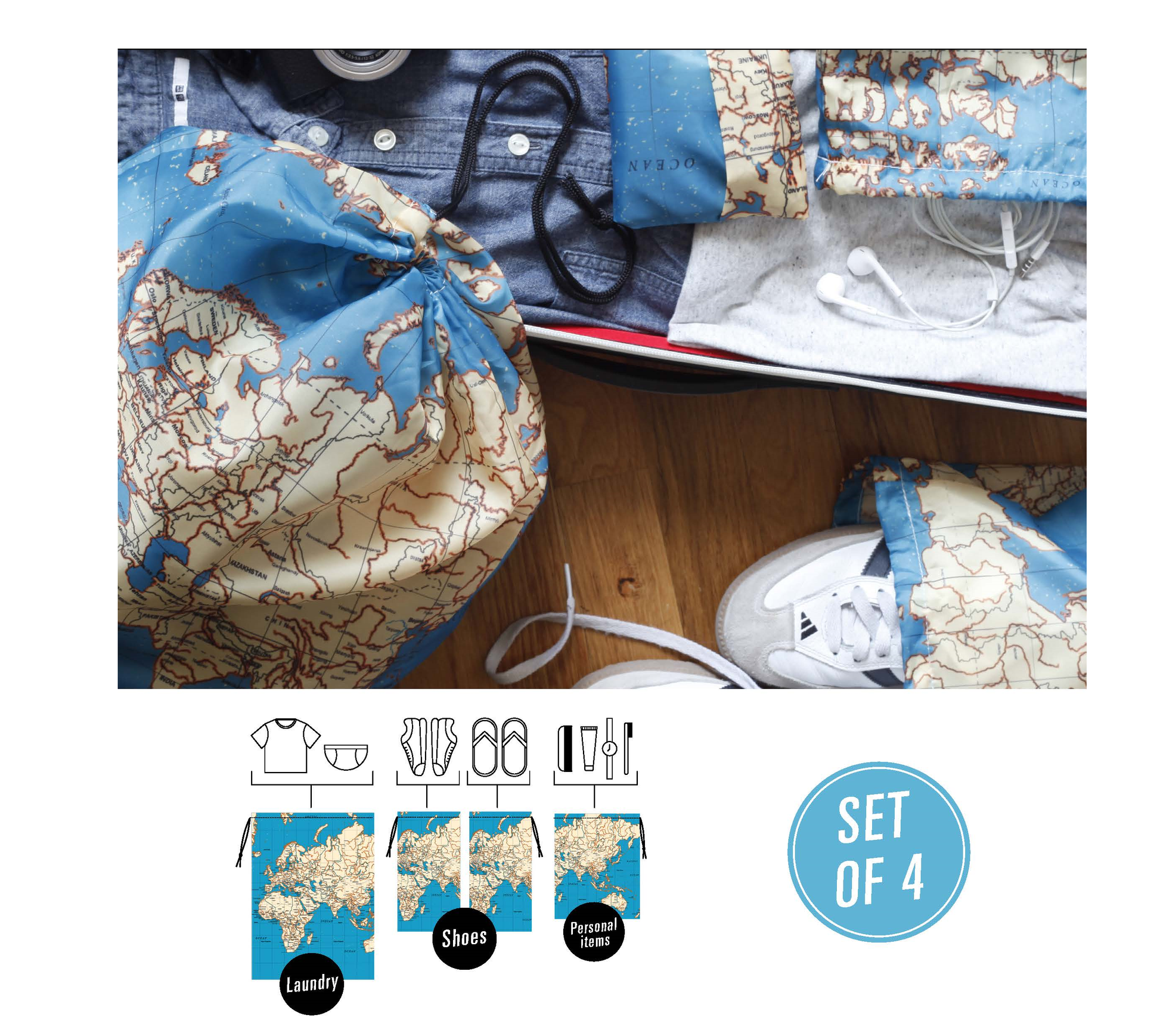 Travel Map Laundry Bags Set of 4 - ad&i