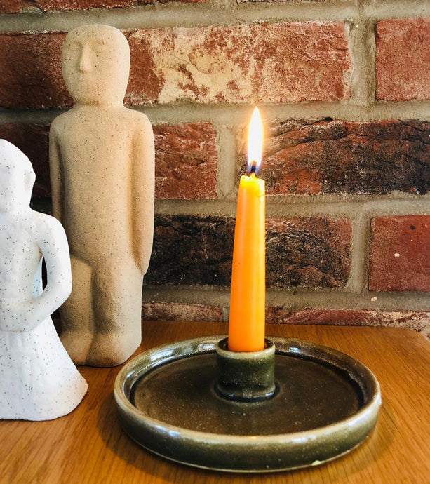 Green Stoneware Candlestick Holder-ad&i