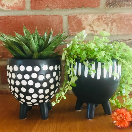 Black and White Grooved Stripe Planter on Legs-ad&i
