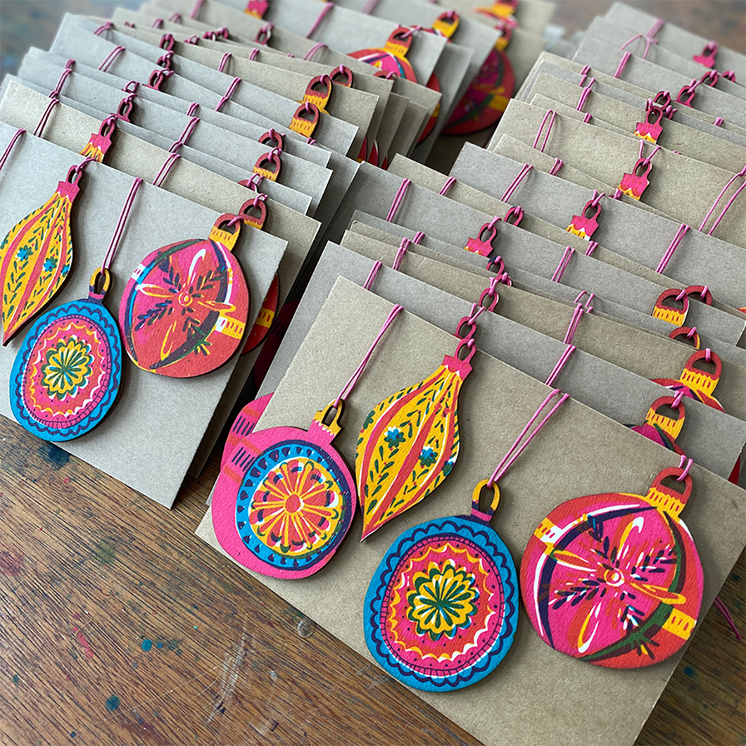 Pack of Four Screen Printed Christmas Bauble Decorations-ad&i